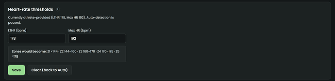 Heart-rate thresholds card on the Manage page