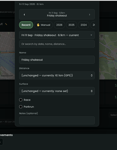 The edit run details panel, showing the Race and Parkrun tick boxes